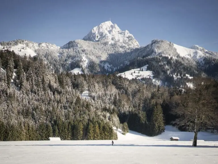 Langlaufloipe in Bayrischzell mit Wendelstein im Hintergrund.